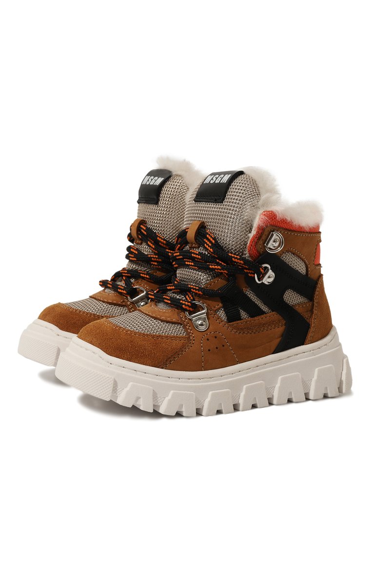Детские утепленные ботинки MSGM KIDS коричневого цвета, арт. 78901/20-27 | Фото 1 (Материал внешний: Текстиль, Натуральная кожа; Нос: Не проставлено; Материал утеплителя: Натуральный мех; Кросс-КТ: хайкеры; Мальчики Кросс-КТ: Обувь-зимняя)