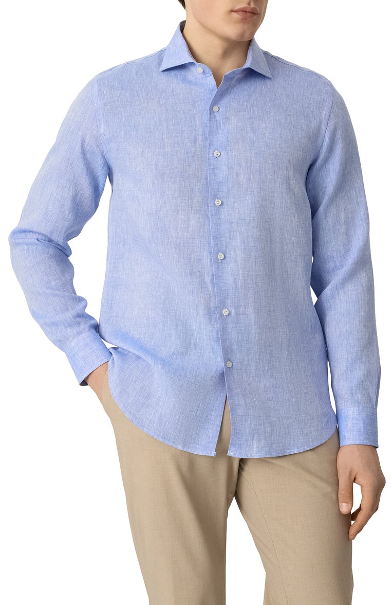 Мужская льняная рубашка FEFE` голубого цвета, арт. LINEN SHIRT/CL106 | Фото 3 (Рукава: Длинные; Материал внешний: Лен; Длина (для топов): Стандартные; Принт: Однотонные; Рубашки М: Regular Fit; Манжеты: На пуговицах; Случай: Повседневный; Воротник: Акула; Стили: Кэжуэл; Автоматизация ТО: Проставлено; Детали: Без декора; Автоматизация состава: Проставлено)