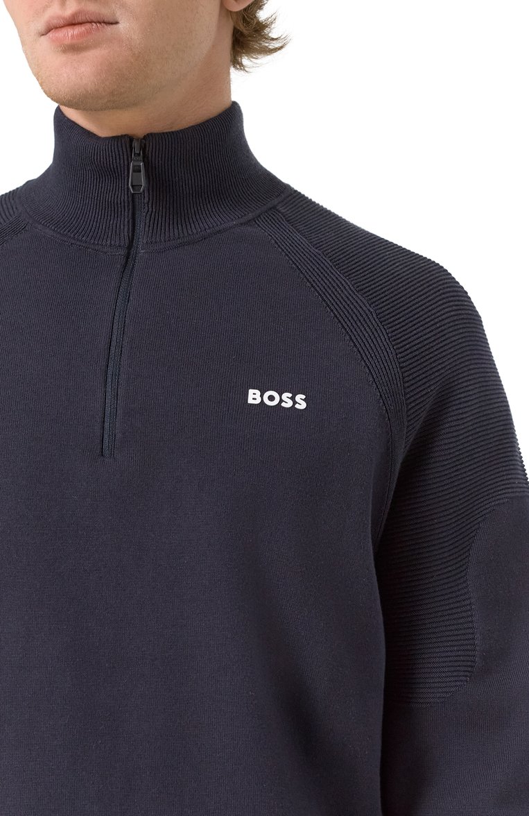 Мужской джемпер BOSS GREEN темно-синего цвета, арт. 50498525 | Фото 5 (Длина (для топов): Стандартные; Рукава: Длинные; Стили: Кэжуэл; Вырез: Круглый; Принт: Без принта; Мужское Кросс-КТ: Джемперы; Материал внешний: Хлопок, Синтетический ма�териал; Автоматизация ТО: Проставлено; Детали: Декор; Автоматизация состава: Проставлено)