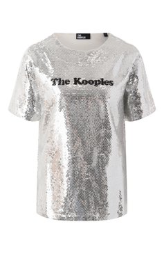 Женская футболка с отделкой пайетками THE KOOPLES серебряного цвета, арт. FTSC29036K | Фото 1 (Рукава: Короткие; Материал сплава: Проставлено; Длина (для топов): Стандартные; Драгоценные камни: Проставлено; Стили: Гламурный; Принт: С принтом)