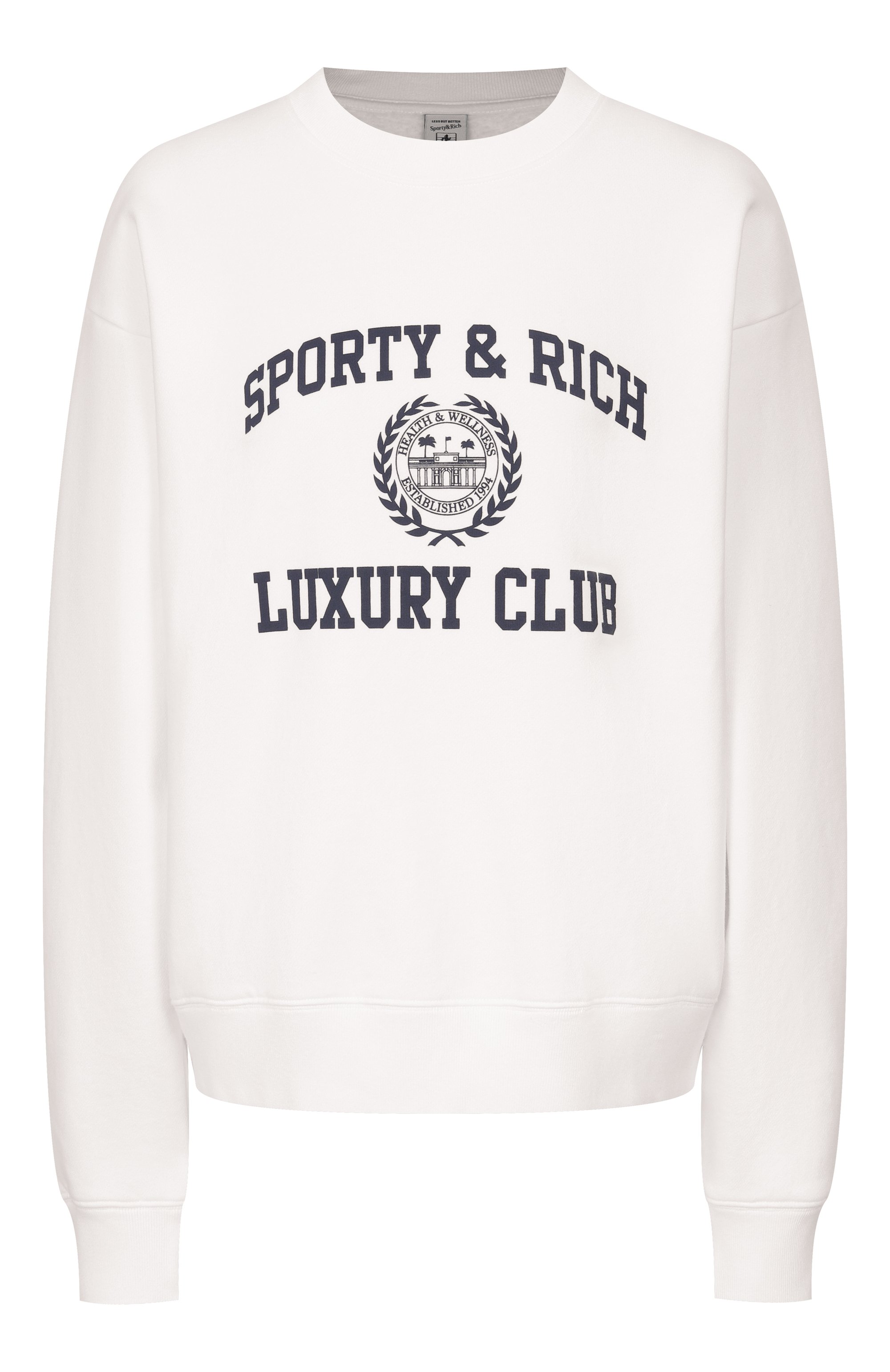 Хлопковый свитшот luxury club SPORTY AND RICH белого цвета по цене 33600 руб., арт. ST0997842WH01/S&R LUXURY CLUB CREWNECK, фото 1 Хлопковый свитшот luxury club SPORTY AND RICH, арт. ST0997842WH01/S&R LUXURY CLUB CREWNECK, фото 1