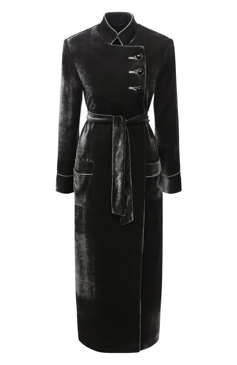 Женское пальто из вискозы GIORGIO ARMANI серого цвета, арт. 0WH0L04P/T01I7 | Фото 1 (Рукава: Длинные; Материал подклада: Шелк; 1-2-бортные: Двубортные; Материал внешний: Вискоза; Длина (верхняя одежда): Длинные; Региональные ограничения белый список (Axapta Mercury): Не проставлено)