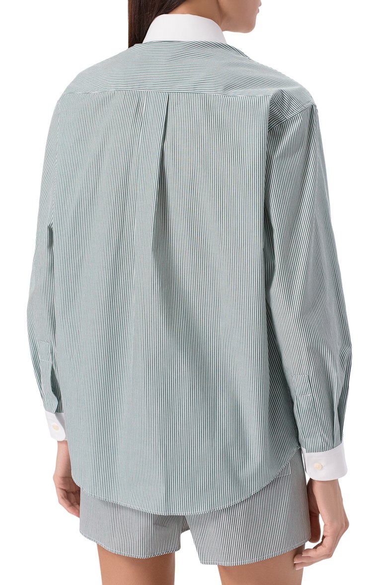 Женская хлопковая рубашка SPORTY AND RICH зеленого цвета, арт. SI019606302ST71 | Фото 4 (Длина (для топов): Удлиненные; Рукава: Длинные; Автоматизация состава: Проставлено; Материал внешний: Хлопок; Автоматизация ТО: Проставлено; Принт: С принтом, Полоска; Женское Кросс-КТ: Рубашка-одежда; Стили: Классический)