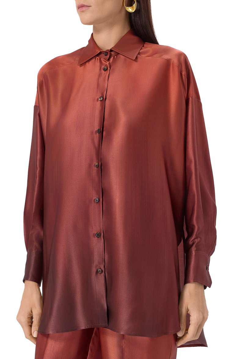 Женская шелковая блузка KITON бордового цвета, арт. D51402K0909E02 | Фото 3 (Материал внешний: Шелк; Рукава: Длинные; Длина (для топов): Удлиненные; Принт: Без принта; Женское Кросс-КТ: Блуза-одежда; Кросс-КТ: костюм; Стили: Романтичный)