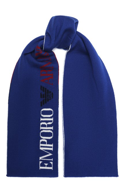 Детский шерстяной шарф EMPORIO ARMANI синего цвета, арт. 404384/0A430 | Фото 1 (Материал: Шерсть, Текстиль; Региональные ограничения белый список (Axapta Mercury): RU)