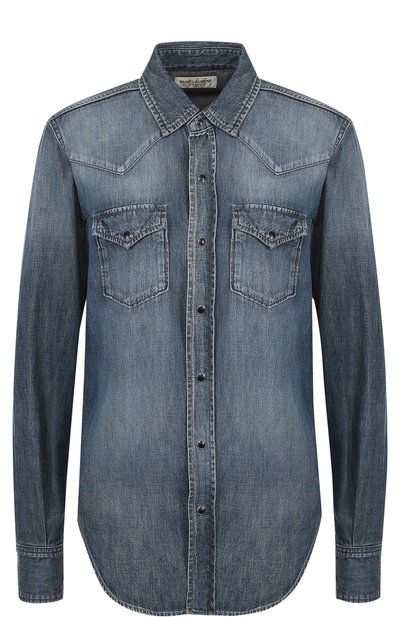 Женская джинсовая блуза с накладными карманами и потертостями SAINT LAURENT, арт. 497526/Y880L