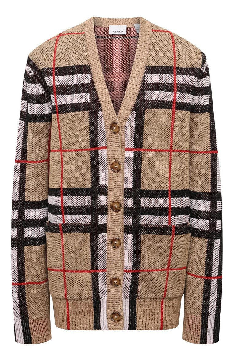 Женский кардиган BURBERRY бежевого цвета, арт. 8070353 A7026 | Фото 1 (Длина (для топов): Стандартные; Рукава: Длинные; Драгоценные камни: Проставлено; Материал сплава: Проставлено; Женское Кросс-КТ: кардиган-трикотаж; Стили: Кэжуэл)