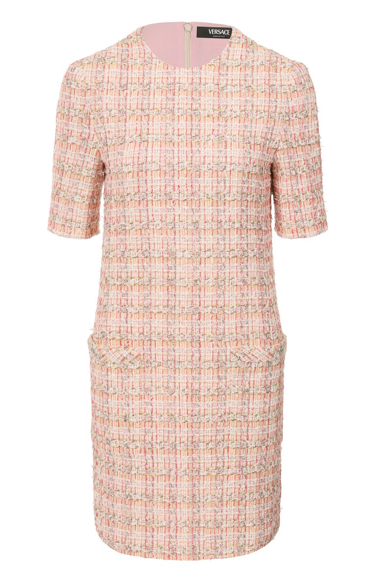 Женское твидовое платье VERSACE розового цвета, арт. 1018932/1A13465 | Фото 1 (Женское Кросс-КТ: Платье-одежда; Длина Ж (юбки, платья, шорты): Мини; Материал внешний: Хлопок; Стили: Романтичный; Рукава: Короткие; Случай: Повседневный)