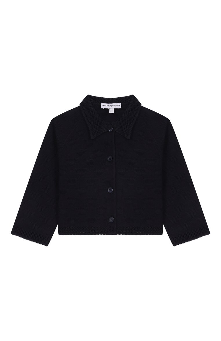 Детский кардиган из вискозы EMPORIO ARMANI темно-синего цвета, арт. EG000181/AF14111 | Фото 1 (Нос: Не проставлено; Материал внешний: Вискоза; Кросс-КТ НВ: Кардиганы; Ростовка одежда: 9 мес | 74 см, 12 мес | 80 см, 24 мес | 92 см, 36 мес | 98 см)