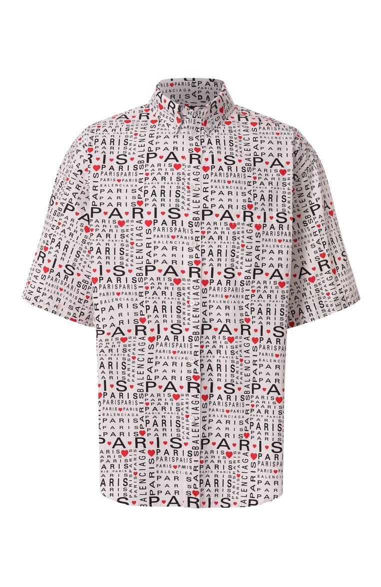 Мужская хлопковая рубашка BALENCIAGA белого цвета, арт. 681702/TRLH7 | Фото 1 (Рукава: 3/4; Материал внешний: Хлопок; Длина (для топов): Стандартные; Случай: Повседневный; Воротник: Button down; Принт: С принтом; Стили: Романтичный, Гранж)