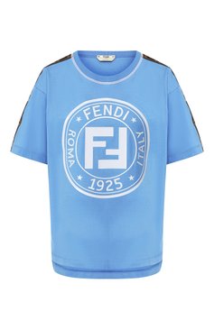 Женская хлопковая футболка FENDI голубого цвета, арт. FAF073 A6J6 | Фото 1 (Длина (для топов): Стандартные; Материал внешний: Хлопок; Статус проверки: Проверена категория; Рукава: Короткие; Женское Кросс-КТ: Футболка-одежда; Принт: С принтом; Драгоценные камни: Проставлено; Материал сплава: Проставлено; Материал внутренний: Не назначено)