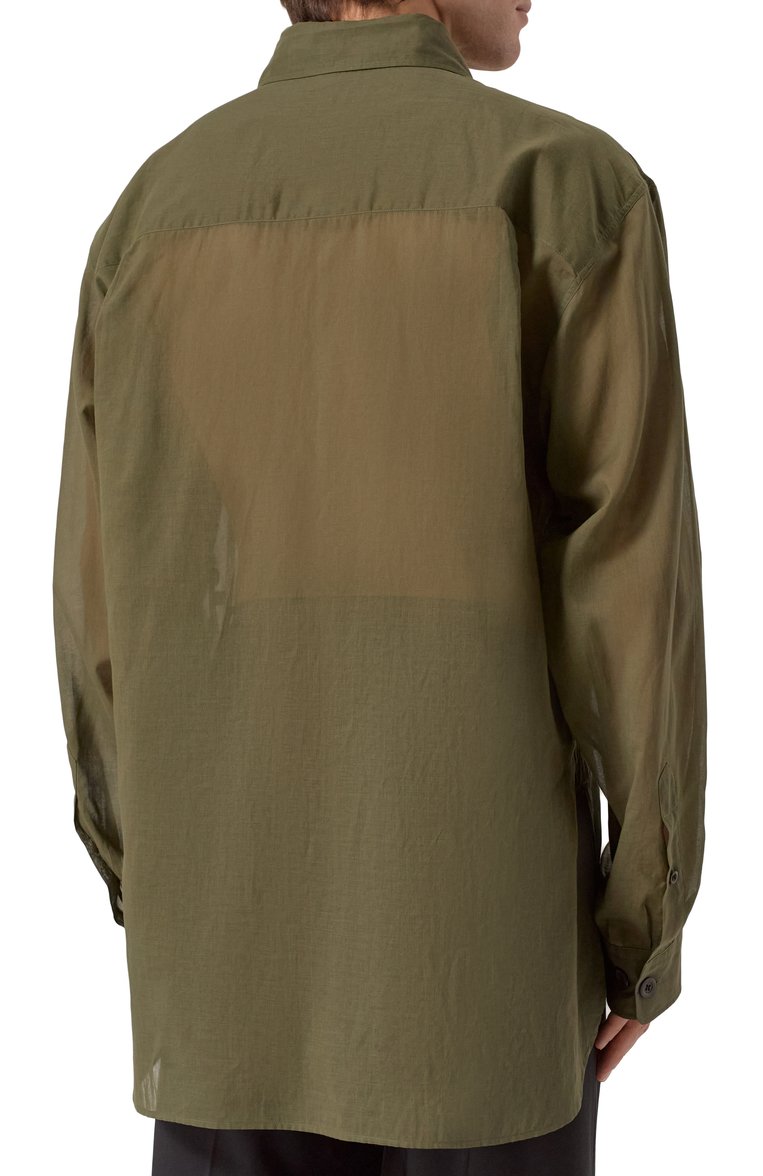 Мужская хлопковая рубашка DRIES VAN NOTEN хаки цвета, арт. 251-020721-1160 | Фото 4 (Длина (для топов): Удлиненные; Материал внешний: Хлопок; Рукава: Длинные; Случай: Повседневный; Воротник: Кент; Манжеты: На пуговицах; Стили: Милитари, Гранж; Принт: Однотонные; Автоматизация состава: Проставлено; Автоматизация ТО: Проставлено)