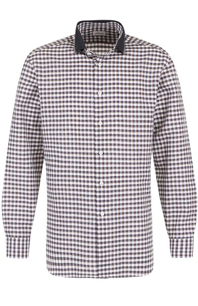 Рубашка в клетку из смеси льна и хлопка BRIONI коричневого цвета по цене 74600 руб., арт. SC31/P6108, фото 1 Рубашка в клетку из смеси льна и хлопка BRIONI, арт. SC31/P6108, фото 1