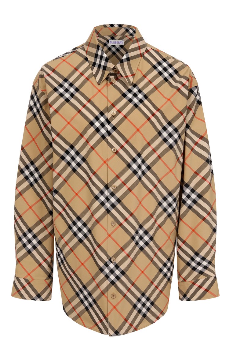 Женская хлопковая рубашка BURBERRY бежевого цвета, арт. 8106164 | Фото 1 (Длина (для топов): Удлиненные; Материал внешний: Хлопок; Рукава: Длинные; Женское Кросс-КТ: Рубашка-одежда; Принт: С принтом, Клетка; Стили: Классический; Автоматизация состава: Проставлено; Автоматизация ТО: Проставлено)