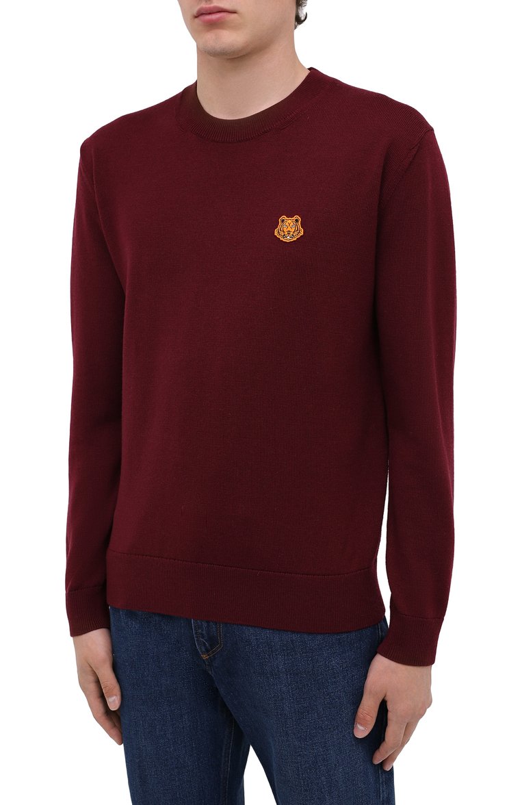 Мужской шерстяной джемпер KENZO бордового цвета, арт. FA65PU5373TA | Фото 3 (Длина (для топов): Стандартные; Рукава: Длинные; Материал внешний: Шерсть; Мужское Кросс-КТ: Джемперы; Стили: Кэжуэл; Вырез: Круглый; Принт: С принтом)