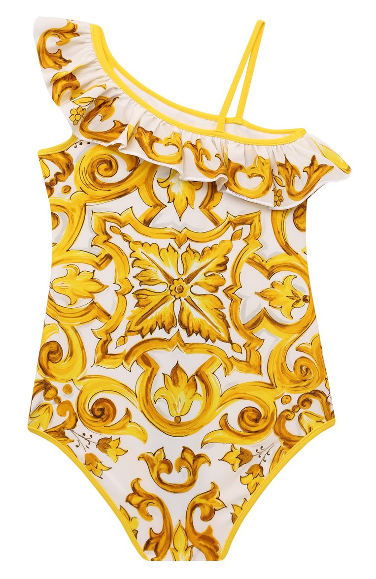 Детского слитный купальник DOLCE & GABBANA желтого цвета, арт. L5J838/0N00W | Фото 2 (Нос: Не проставлено; Материал внешний: Синтетический материал; Девочки Кросс-КТ: Купальники-пляж; Принт: С принтом; Автоматизация состава: Проставлено; Материал подклада: Синтетический материал; Ростовка одежда: 3 года | 98 см, 6 лет | 116 см, 8 лет | 128 см, 10 - 11 лет | 140 - 146см, 12 лет | 152 см, 13 - 15 лет | 158 см, 5 лет | 110 см, 4 года | 104 см, 2 года | 92 см)