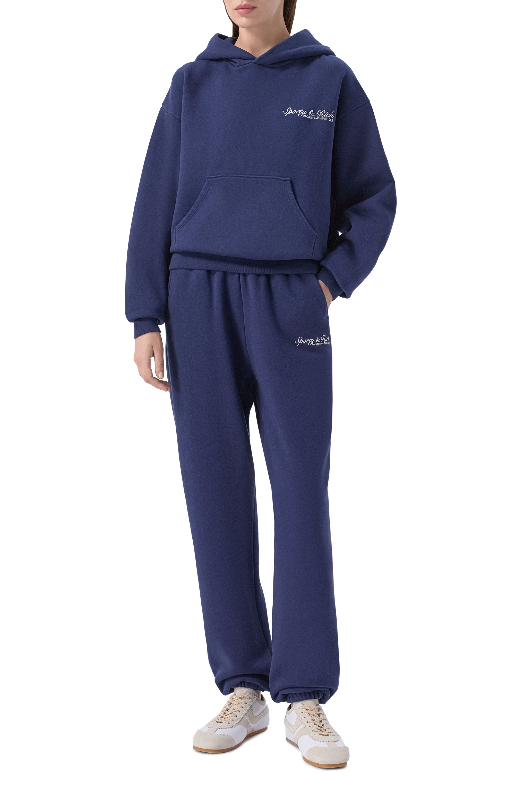 Хлопковые джоггеры SPORTY AND RICH темно-синего цвета по цене 30750 руб., арт. PA07075325BL106, фото 2 Хлопковые джоггеры SPORTY AND RICH, арт. PA07075325BL106, фото 2