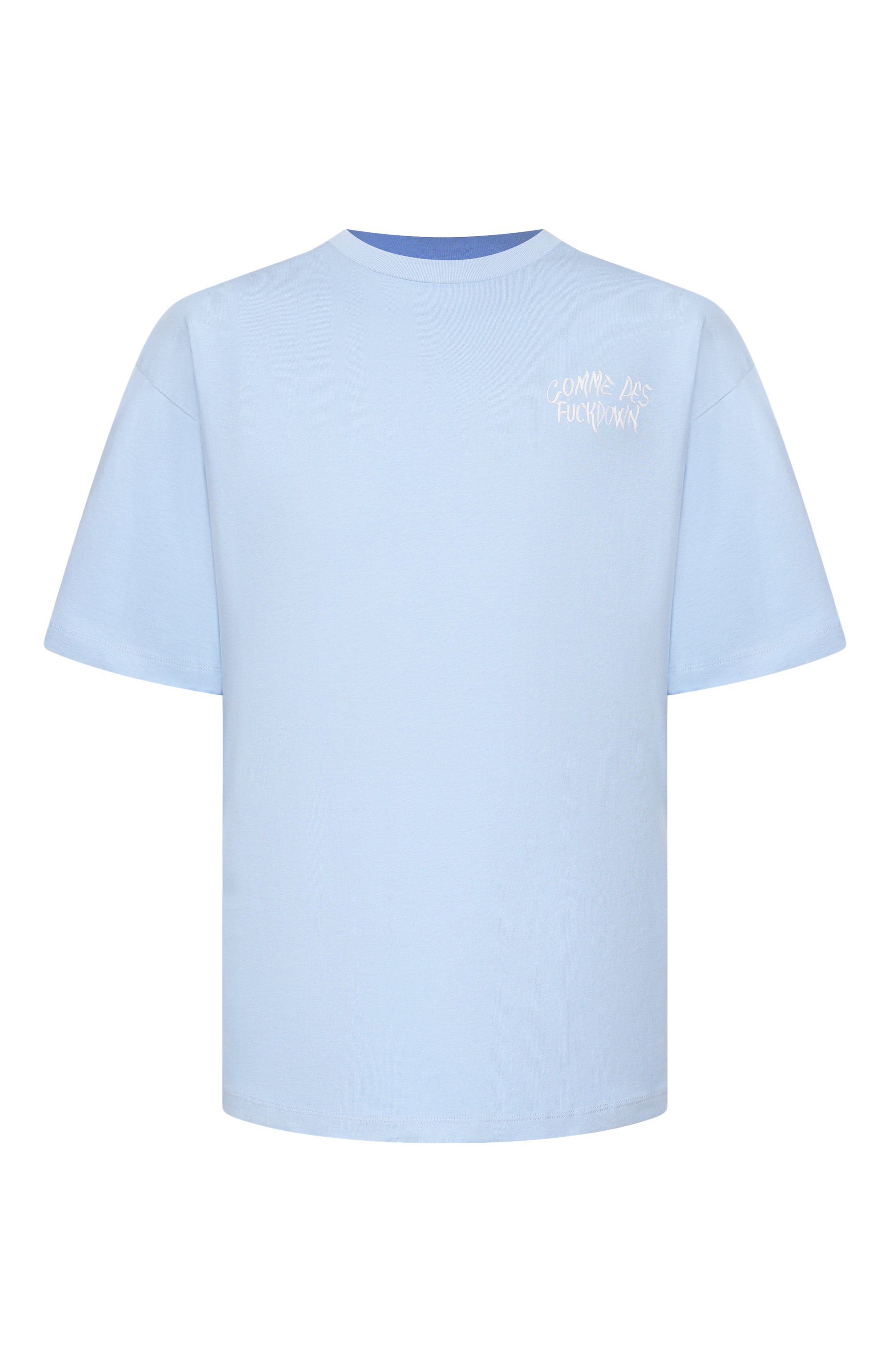 Хлопковая футболка COMME DES FUCKDOWN голубого цвета по цене 6905 руб., арт. CFABM01939, фото 1 Хлопковая футболка COMME DES FUCKDOWN, арт. CFABM01939, фото 1