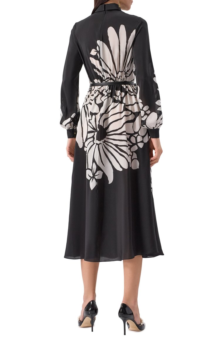 Женское шелковое платье ELIE SAAB черного цвета, арт. D0504 | Фото 4 (Длина Ж (юбки, платья, шорты): Миди; Материал внешний: Шелк; Рукава: Длинные; Женское Кросс-КТ: Платье-одежда; Случай: Повседневный; Стили: Романтичный)