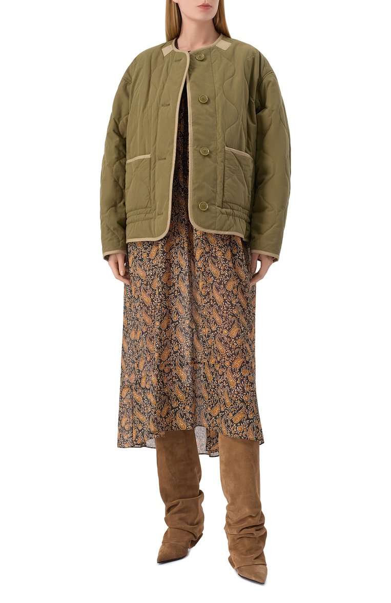 Женская хлопковая куртка ISABEL MARANT ETOILE хаки цвета, арт. MA0421FA/C1C05E | Фото 2 (Длина (верхняя одежда): Короткие; Рукава: Длинные; Материал внешний: Синтетический материал, Хлопок; Материал подклада: Хлопок; Кросс-КТ: Куртка, Легкие; Стили: Милитари; Автоматизация ТО: Проставлено; Автоматизация состава: Проставлено)