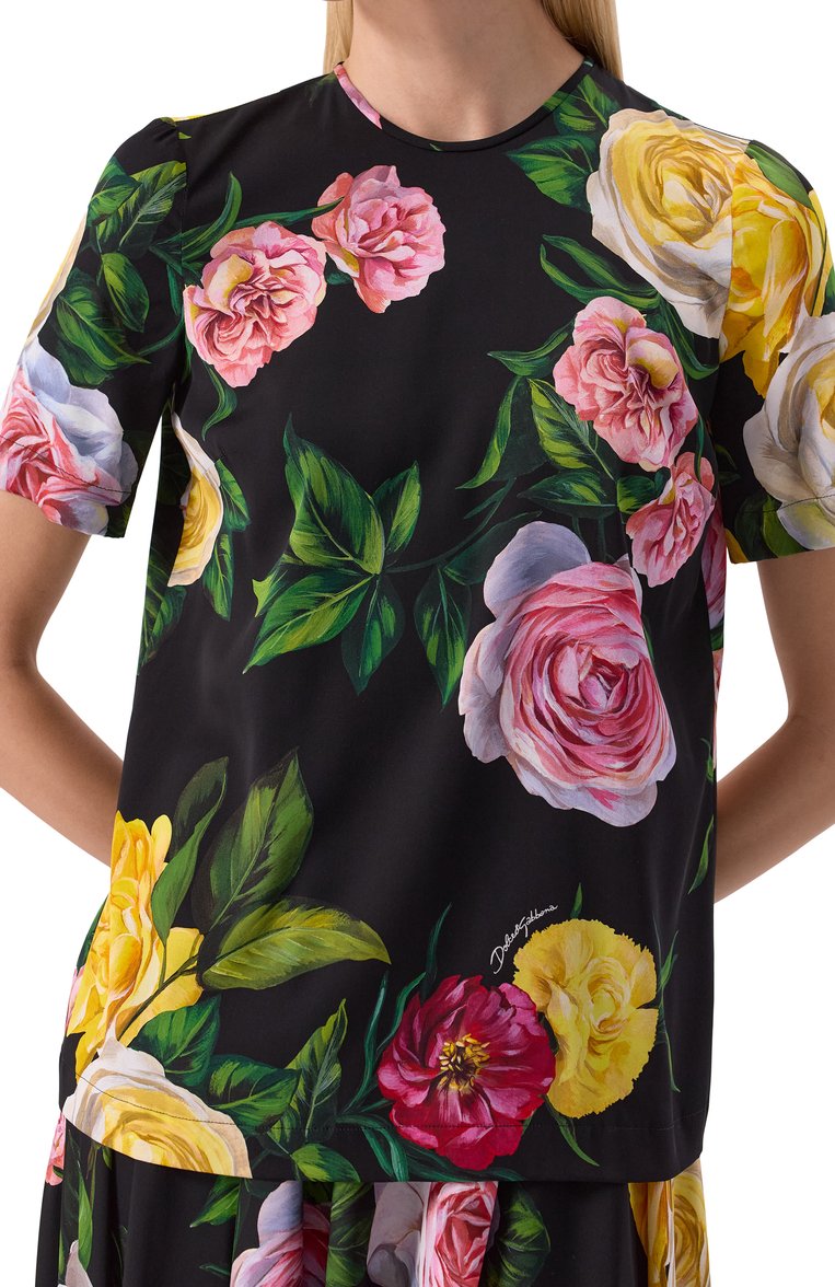 Женский шелковый топ DOLCE & GABBANA разноцветного цвета, арт. F7A02T/FSA7B | Фото 5 (Драгоценные камни: Проставлено; Рукава: Короткие; Материал внешний: Шелк; Материал сплава: Проставлено; Длина (для топов): Стандартные; Стили: Романтичный; Кросс-КТ: костюм)