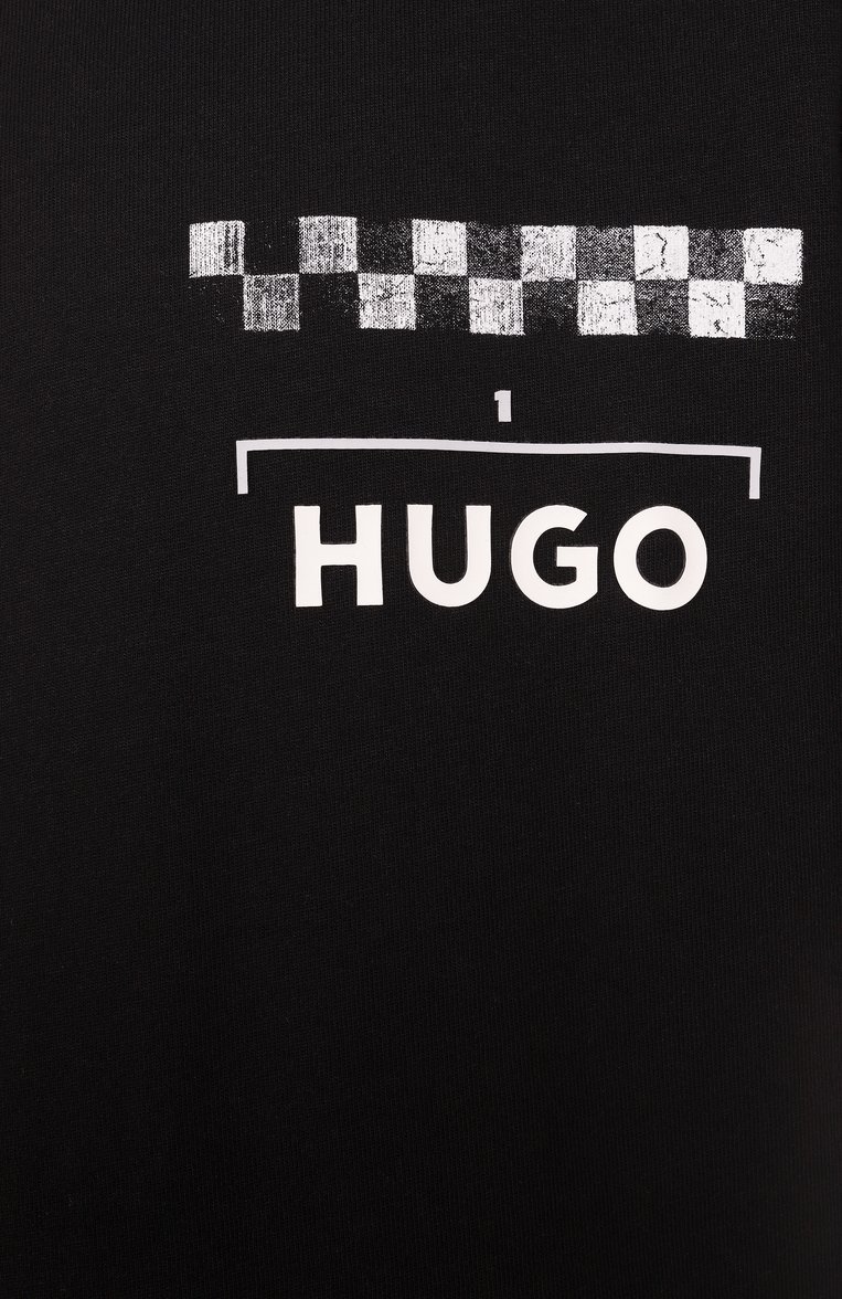 Мужская хлопковая футболка HUGO черного цвета, арт. 50531758 | Фото 6 (Материал внешний: Хлопок; Рукава: Короткие; Длина (для топов): Стандартные; Стили: Кэжуэл; Принт: С принтом; Мужское Кросс-КТ: Футболка-одежда; Кросс-КТ: Джерси)