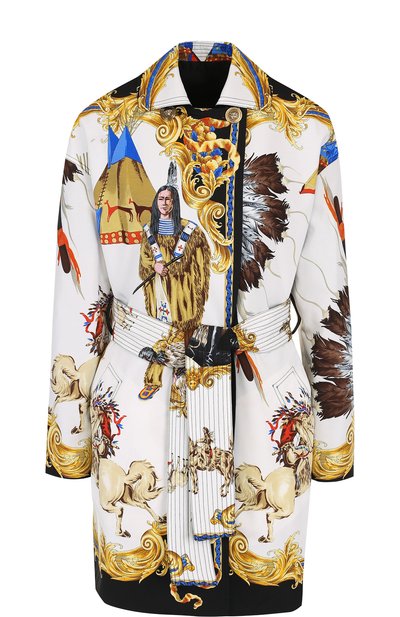 Женское двустороннее пальто из смеси хлопка и шелка с поясом и принтом VERSACE, арт. A79423/A225756