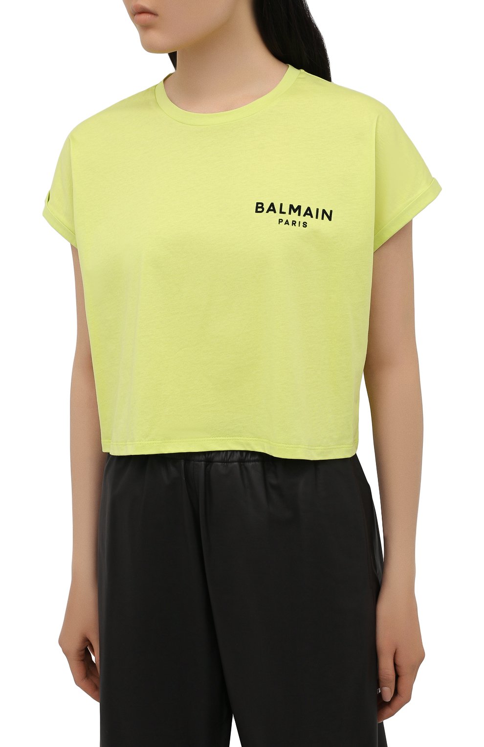 Хлопковая футболка BALMAIN салатового цвета по цене 23300 руб., арт. VF0EE005/B013, фото 3 Хлопковая футболка BALMAIN, арт. VF0EE005/B013, фото 3