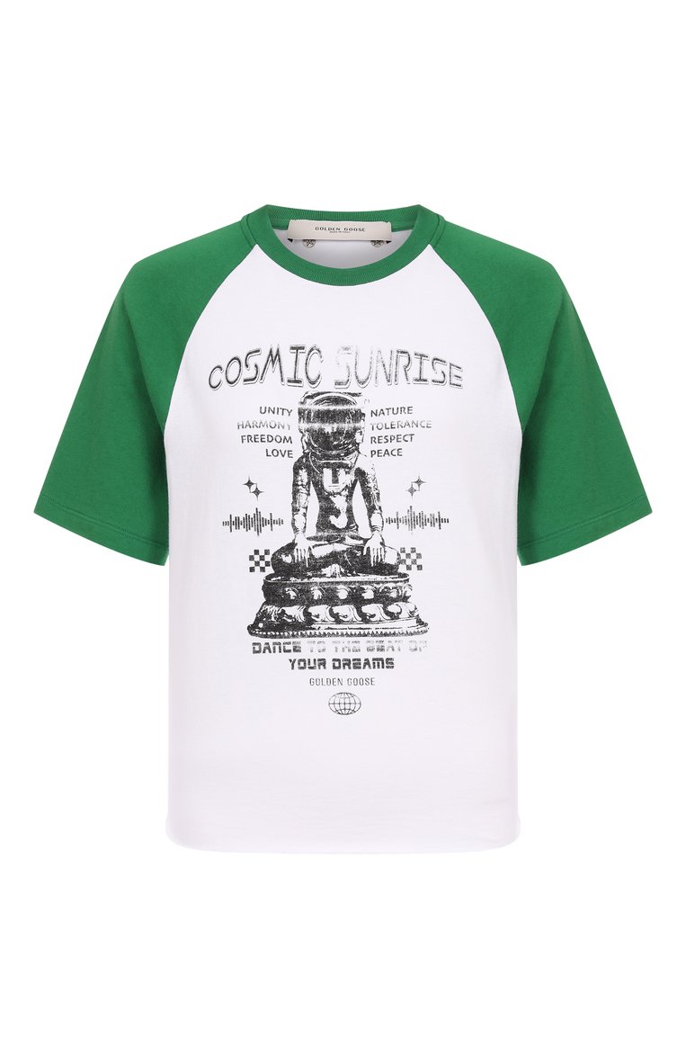 Женская хлопковая футболка GOLDEN GOOSE DELUXE BRAND белого цвета, арт. GWP02186.P001884 | Фото 1 (Рукава: Короткие; Материал внешний: Хлопок; Длина (для топов): Стандартные; Принт: С принтом; Стили: Кэжуэл)