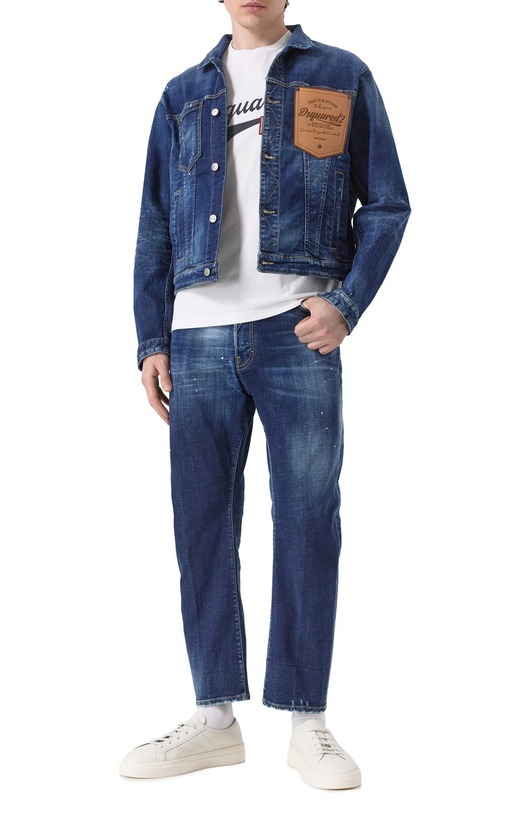 Мужская джинсовая куртка DSQUARED2 синего цвета, арт. S74AM1561/S30664 | Фото 2 (Длина (верхняя одежда): Короткие; Рукава: Длинные; Кросс-КТ: Деним, Легкие; Стили: Кэжуэл; Материал внешний: Деним, Хлопок)