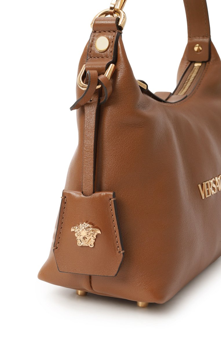 Женская сумка versace tag VERSACE коричневого цвета, арт. 1018302/1A13171 | Фото 3 (Ремень/цепочка: На ремешке; Материал сплава: Проставлено; Материал: Натуральная кожа; Драгоценные камни: Проставлено; Размер: small)