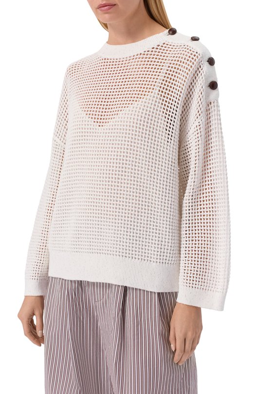 Хлопковый пуловер Brunello Cucinelli MDV762120 Белый  MDV762120 Фото 3