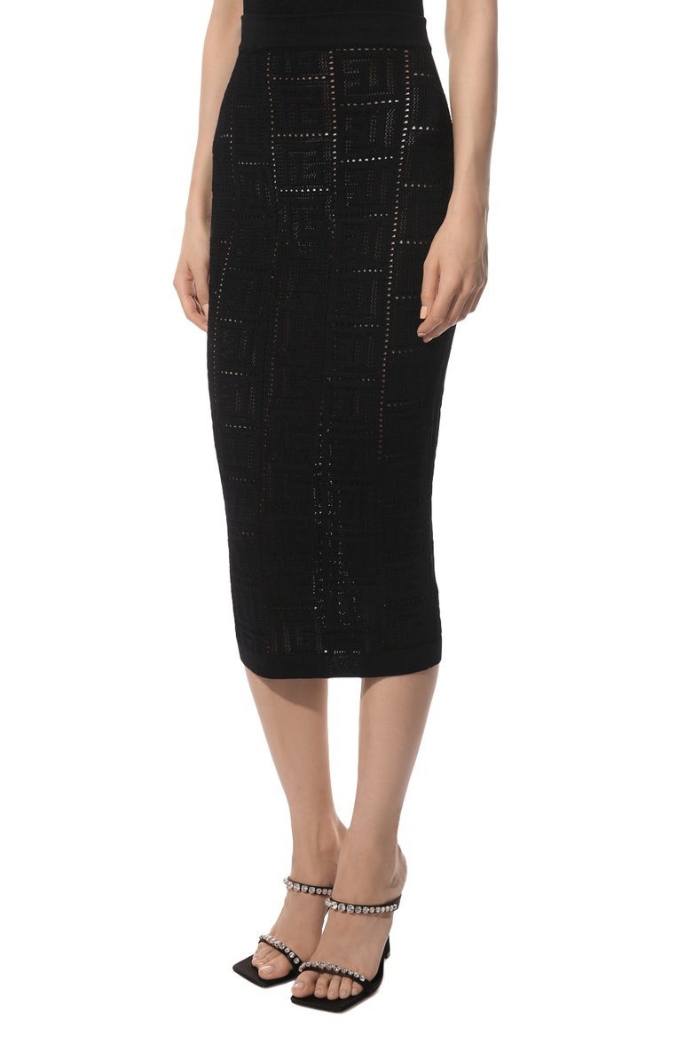 Женская юбка из вискозы BALMAIN черного цвета, арт. XF1LD041/KB16 | Фото 3 (Материал внешний: Вискоза; Длина Ж (юбки, платья, шорты): Миди; Стили: Гламурный; Кросс-КТ: Трикотаж; Женское Кросс-КТ: Юбка-одежда, Юбка-карандаш)