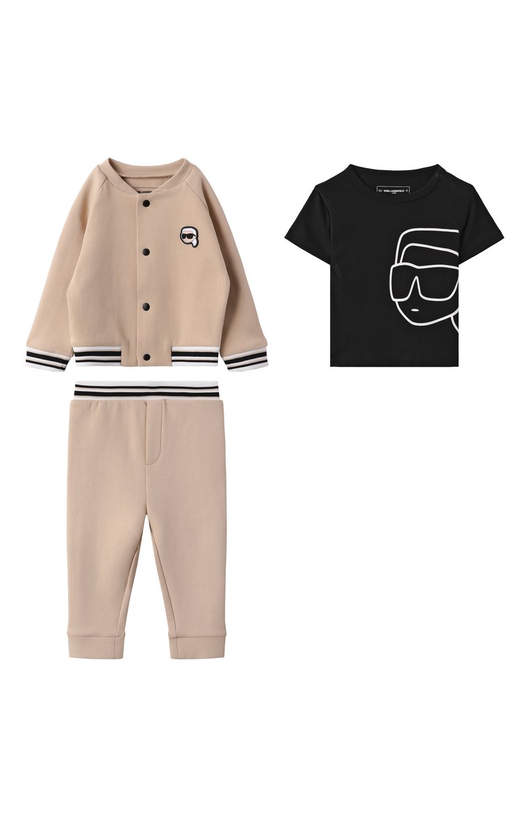 Детский комплект из трех предметов KARL LAGERFELD KIDS бежевого цвета, арт. Z30503 | Фото 1 (Нос: Не проставлено; Кросс-КТ НВ: Костюм; Ростовка одежда: 18 мес | 86 см, 9 мес | 74 см, 12 мес | 80 см)