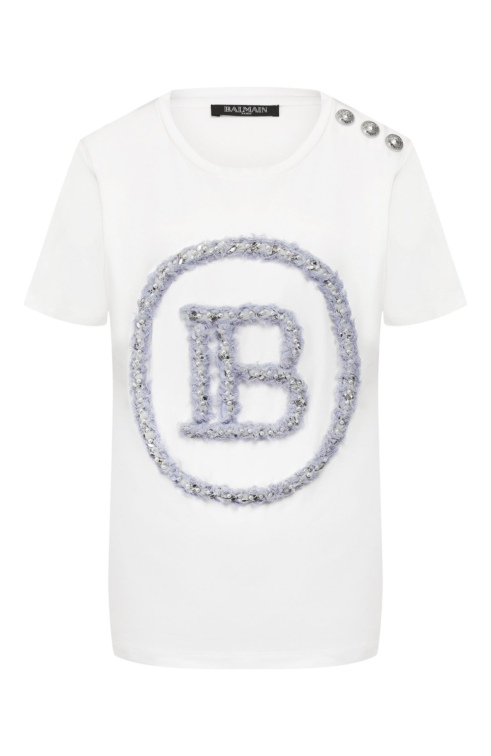 Хлопковая футболка BALMAIN голубого цвета по цене 118500 руб., арт. SF21159/P021, фото 1 Хлопковая футболка BALMAIN, арт. SF21159/P021, фото 1