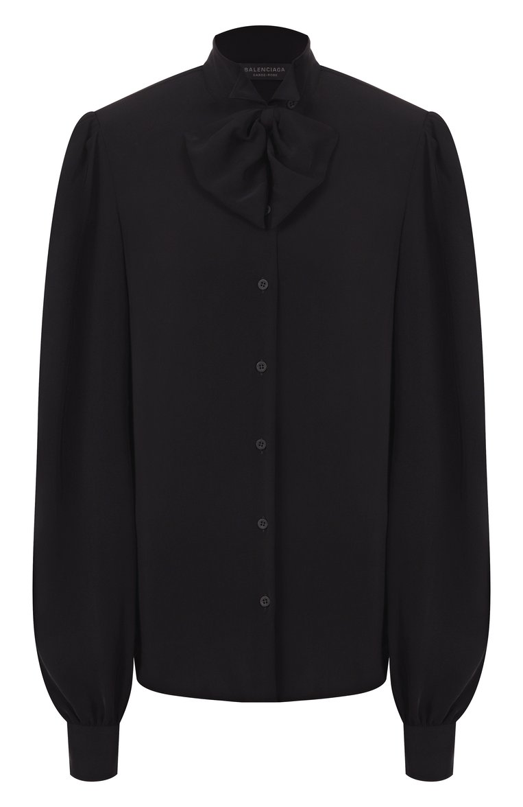Женская блузка BALENCIAGA черного цвета, арт. 814140/TR021 | Фото 1 (Длина (для топов): Удлиненные; Материал внешний: Синтетический материал; Рукава: Длинные; Стили: Кэжуэл; Женское Кросс-КТ: Блуза-одежда; Принт: Без принта)