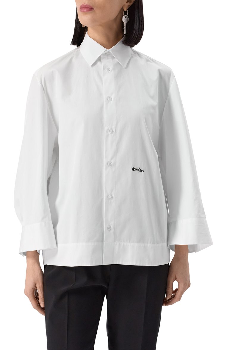 Женская хлопковая рубашка DSQUARED2 белого цвета, арт. S75DL0899/S36275 | Фото 3 (Длина (для топов): Стандартные; Рукава: Длинные; Женское Кросс-КТ: Рубашка-одежда; Принт: Без принта; Стили: Классический; Материал внешний: Хлопок; Автоматизация состава: Проставлено; Автоматизация ТО: Проставлено)