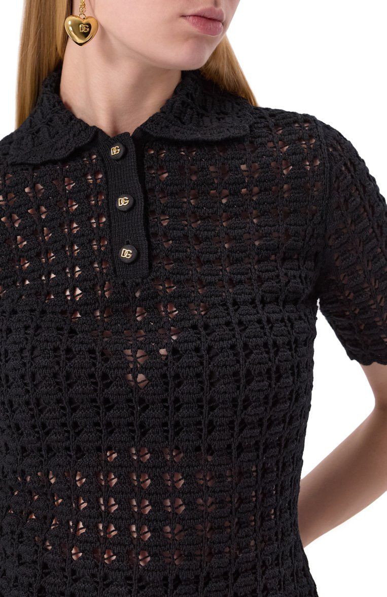 Женский шерстяное поло DOLCE & GABBANA черного цвета, арт. FXZ15T/JCVWH | Фото 5 (Рукава: Короткие; Материал внешний: Шерсть; Длина (для топов): Стандартные; Стили: Кэжуэл; Кросс-КТ: Трикотаж; Автоматизация состава: Проставлено; Автоматизация ТО: Проставлено; Размерность: Идёт в размер)