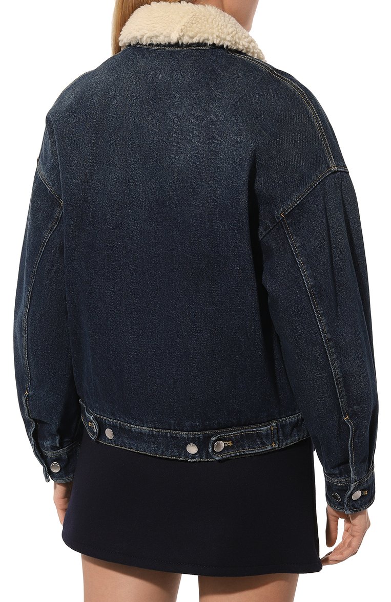 Женская джинсовая куртка PRADA синего цвета, арт. GFB290-10UJ-F0008-212 | Фото 4 (Длина (верхняя одежда): Короткие; Материал подклада: Синтетический материал; Материал внешний: Хлопок, Деним; Рукава: Длинные; Кросс-КТ: Деним, Куртка, Утепленные; Стили: Кэжуэл; Автоматизация ТО: Проставлено; Автоматизация состава: Проставлено)