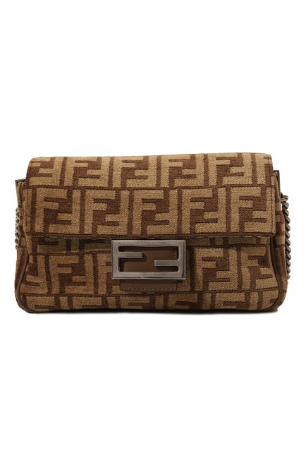 Женская сумка baguette medium FENDI светло-коричневого цвета, арт. 8BR793ALG7F1HZS | Фото 1 (Ремень/цепочка: На ремешке; Драгоценные камни: Проставлено; Материал: Текстиль; Размер: medium; Материал сплава: Проставлено)