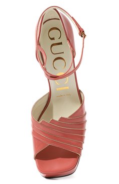 Женские кожаные босоножки GUCCI кораллового цвета, арт. 601580 CLG00 | Фото 6 (Подошва: Платформа; Каблук высота: Высокий; Материал сплава: Проставлено; Каблук тип: Устойчивый; Драгоценные камни: Проставлено)