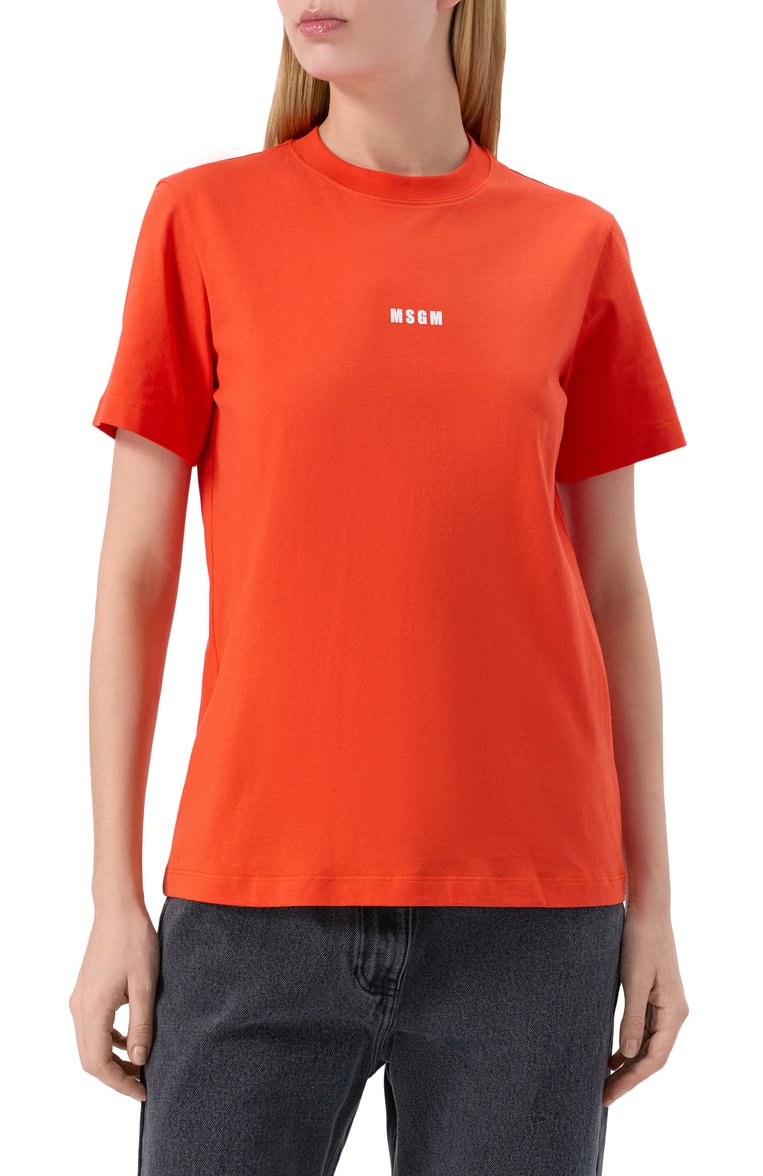 Женская хлопковая футболка MSGM красного цвета, арт. 3841MDM500/257002 | Фото 3 (Длина (для топов): Стандартные; Рукава: Короткие; Материал внешний: Хлопок; При�нт: Без принта; Стили: Кэжуэл)