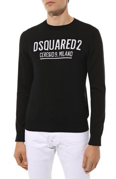 Мужской шерстяной свитер DSQUARED2 черного цвета, арт. S71HA1121/S17435 | Фото 3 (Материал внешний: Шерсть; Рукава: Длинные; Длина (для топов): Стандартные; Принт: С принтом; Материал сплава: Проставлено; Мужское Кросс-КТ: Свитер-одежда; Драгоценные камни: Проставлено)