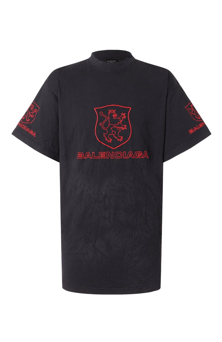 Мужская хлопковая футболка BALENCIAGA черного цвета, арт. 787349/TRVR9 | Фото 1 (Драгоценные камни: Проставлено; Рукава: Короткие; Материал сплава: Проставлено; Длина (для топов): Удлиненные; Материал внешний: Хлопок; Стили: Спорт-шик; Принт: С принтом; Кросс-КТ: Джерси; Мужское Кросс-КТ: Футболка-одежда)