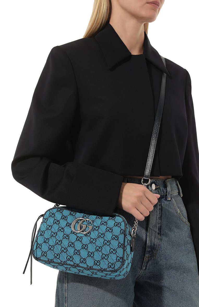 Женская сумка gg marmont small GUCCI голубого цвета, арт. 447632 2UZCN | Фото 2 (Материал: Текстиль; Размер: small; Ремень/цепочка: На ремешке; Сумки-технические: Сумки через плечо)
