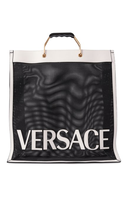 Женская сумка-тоут VERSACE черно-белого цвета, арт. 10089241A06406 | Фото 1 (Материал: Пластик; Размер: large; Материал сплава: Проставлено; Драгоценные камни: Проставлено)