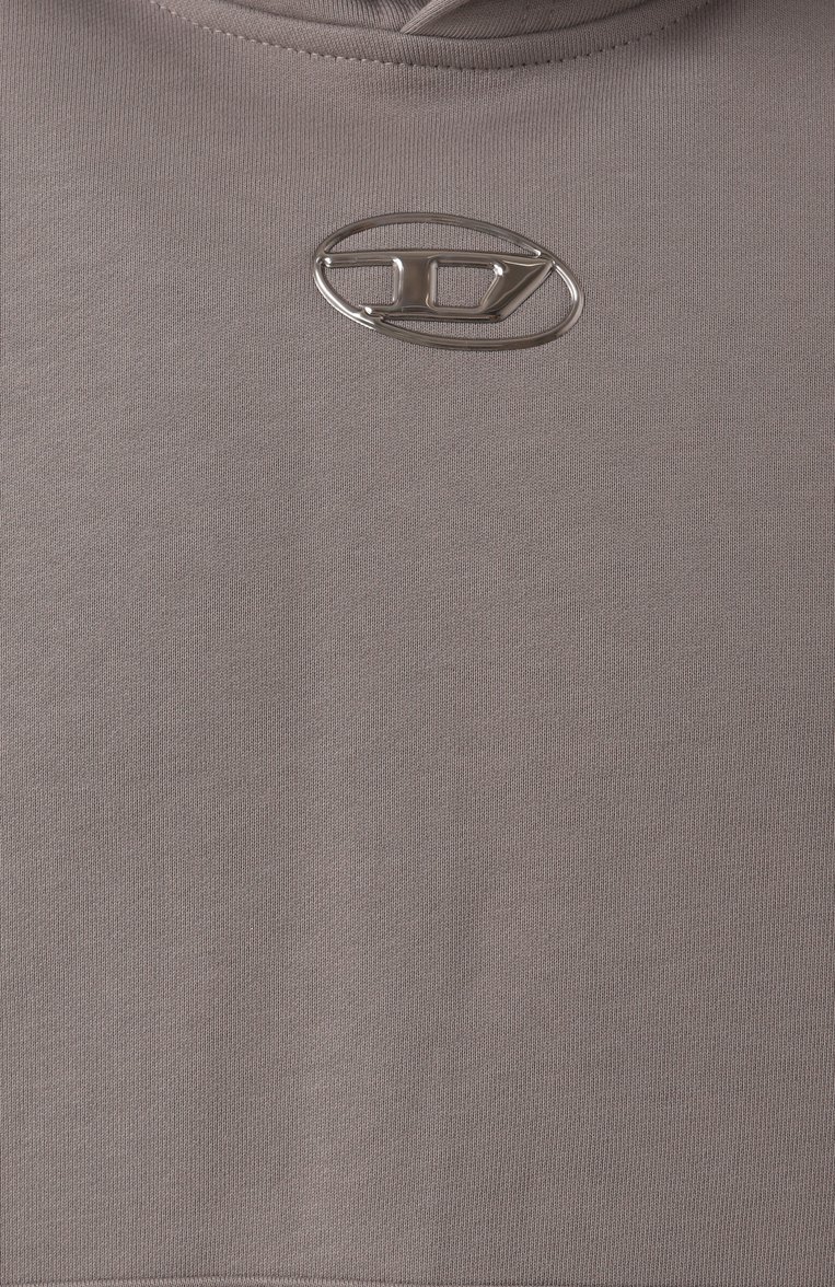 Мужской хлопковое худи DIESEL серого цвета, арт. A09856/0BMBJ | Фото 6 (Длина (для топов): Стандартные; Рукава: Длинные; Принт: Без принта; Мужское Кросс-КТ: Худи-одежда; Стили: Спорт-шик; Материал внешний: Хлопок)