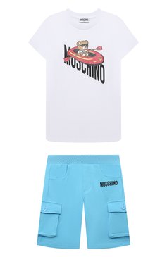 Детского комплект из футболки и шорт MOSCHINO голубого цвета, арт. HUG000/LAA23/10-14 | Фото 1 (Рукава: Короткие; Материал сплава: Проставлено; Материал внешний: Хлопок; Драгоценные камни: Проставлено; Мальчики Кросс-КТ: Костюмы-сп�орт; Ростовка одежда: 12 лет | 152 см, 10 - 11 лет | 140 - 146см)