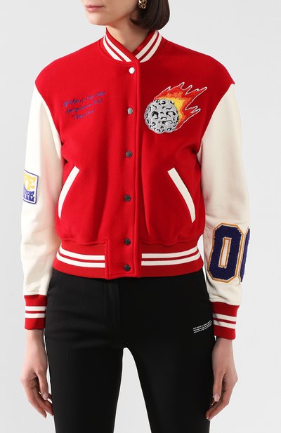 Бомбер из смеси шерсти и кожи OFF-WHITE красного цвета по цене 141000 руб., арт. 0WEA129S20FAB0012518, фото 3 Бомбер из смеси шерсти и кожи OFF-WHITE, арт. 0WEA129S20FAB0012518, фото 3