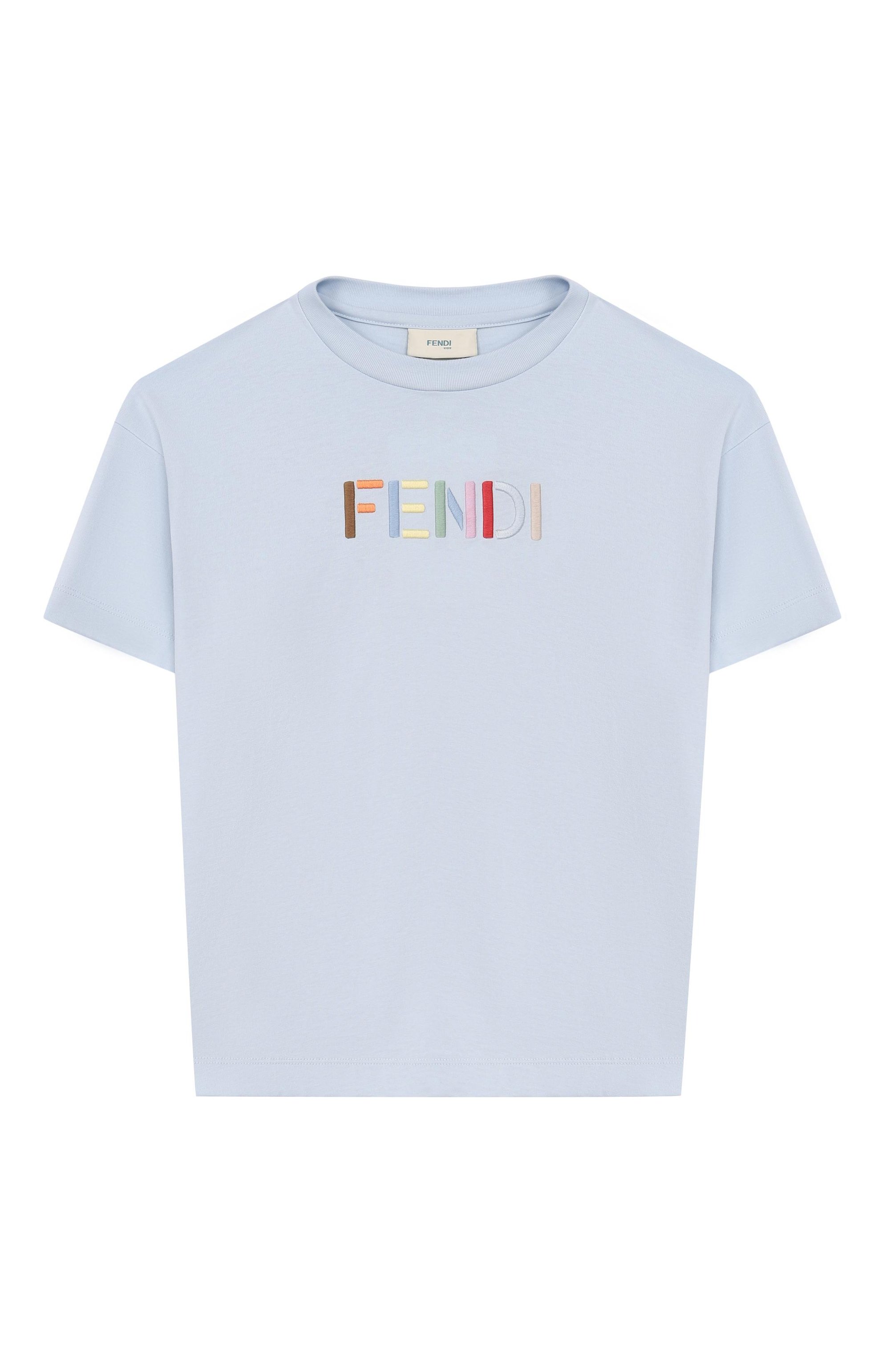 Хлопковая футболка FENDI голубого цвета по цене 25550 руб., арт. JUI207/AY8D/3A-6A, фото 1 Хлопковая футболка FENDI, арт. JUI207/AY8D/3A-6A, фото 1